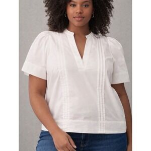 Maeve White Poplin Pintuck Blouse 2X Plus V-Neck Short Sleeve Top